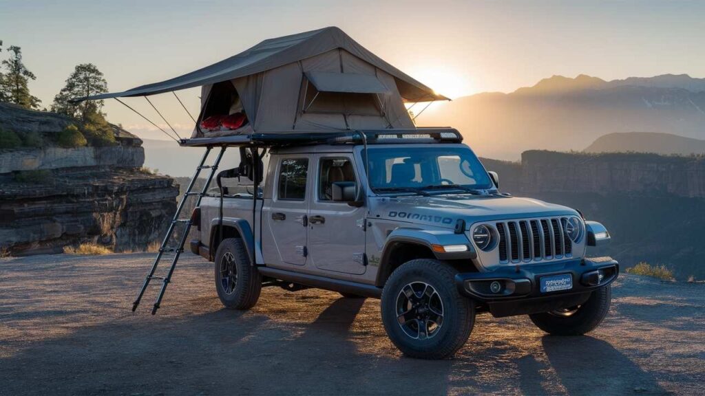Jeep Gladiator with Roof Top Tent at Sunset